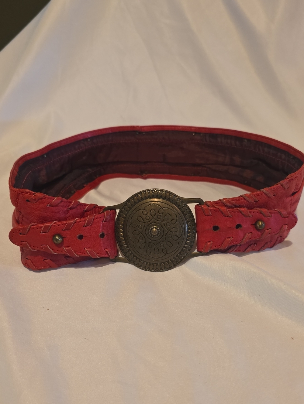 Woven Red Leather Women's Belt with Decorative Medallion Buckle